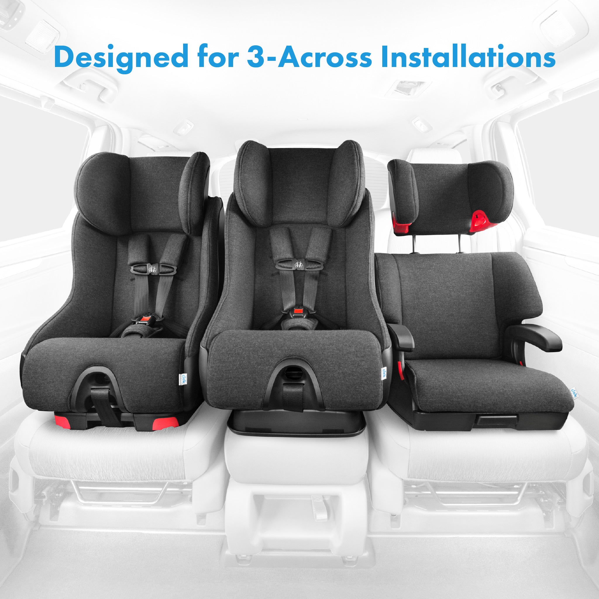 Three Clek car seats installed in 3-across configuration all-groups