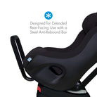 Black Foonf child car seat with text on extended rear-facing use and anti-rebound bar all-groups