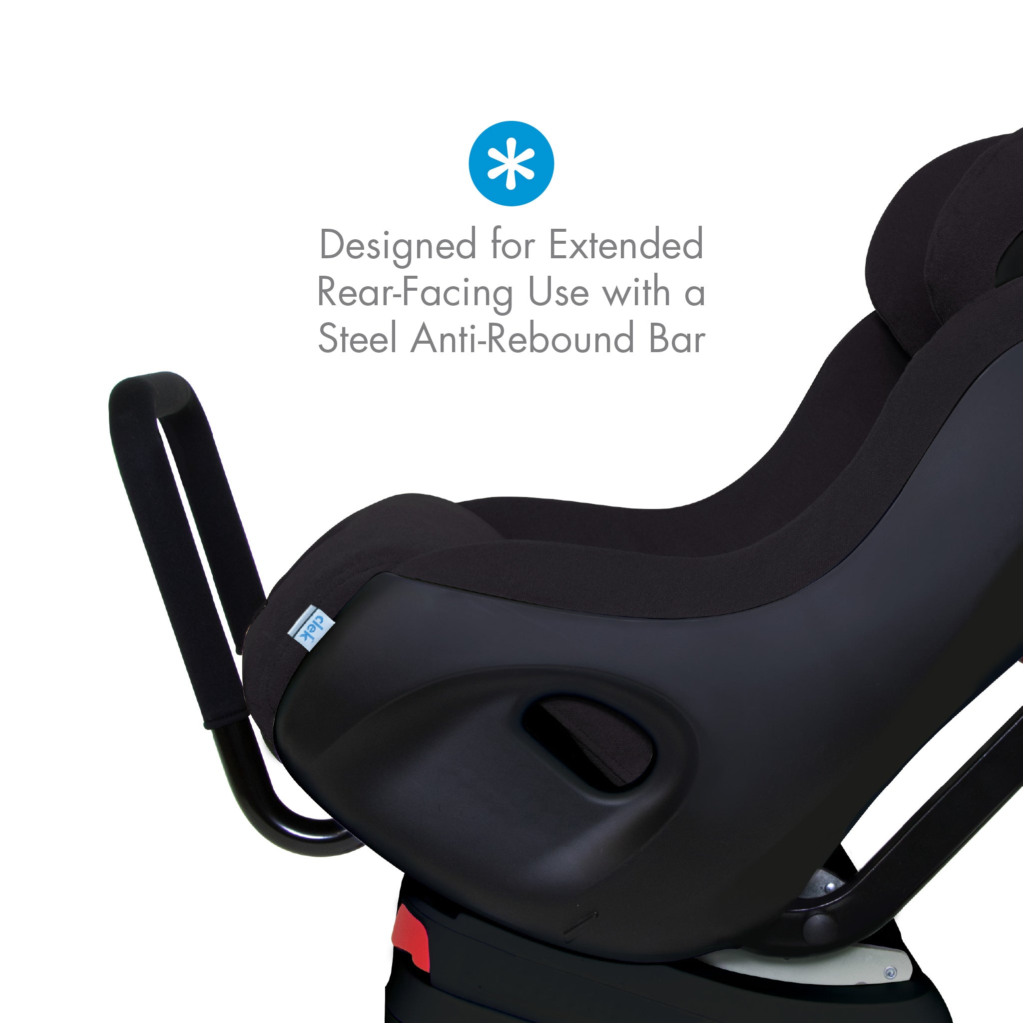 Black Foonf child car seat with text on extended rear-facing use and anti-rebound bar all-groups