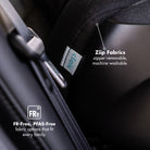 Close up of Clek Foonf fabric highlighting Ziip FR-Free PFAS-Free fabrics all-groups