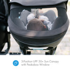 Baby in a Clek Liing on a stroller with a 3-position UPF 50+ sun canopy and peakaboo window. all-groups