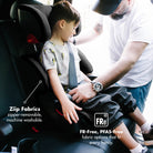 Child being secured in a car seat by an adult, with text highlighting Ziip PFAS-Free, FR-Free fabrics all-groups